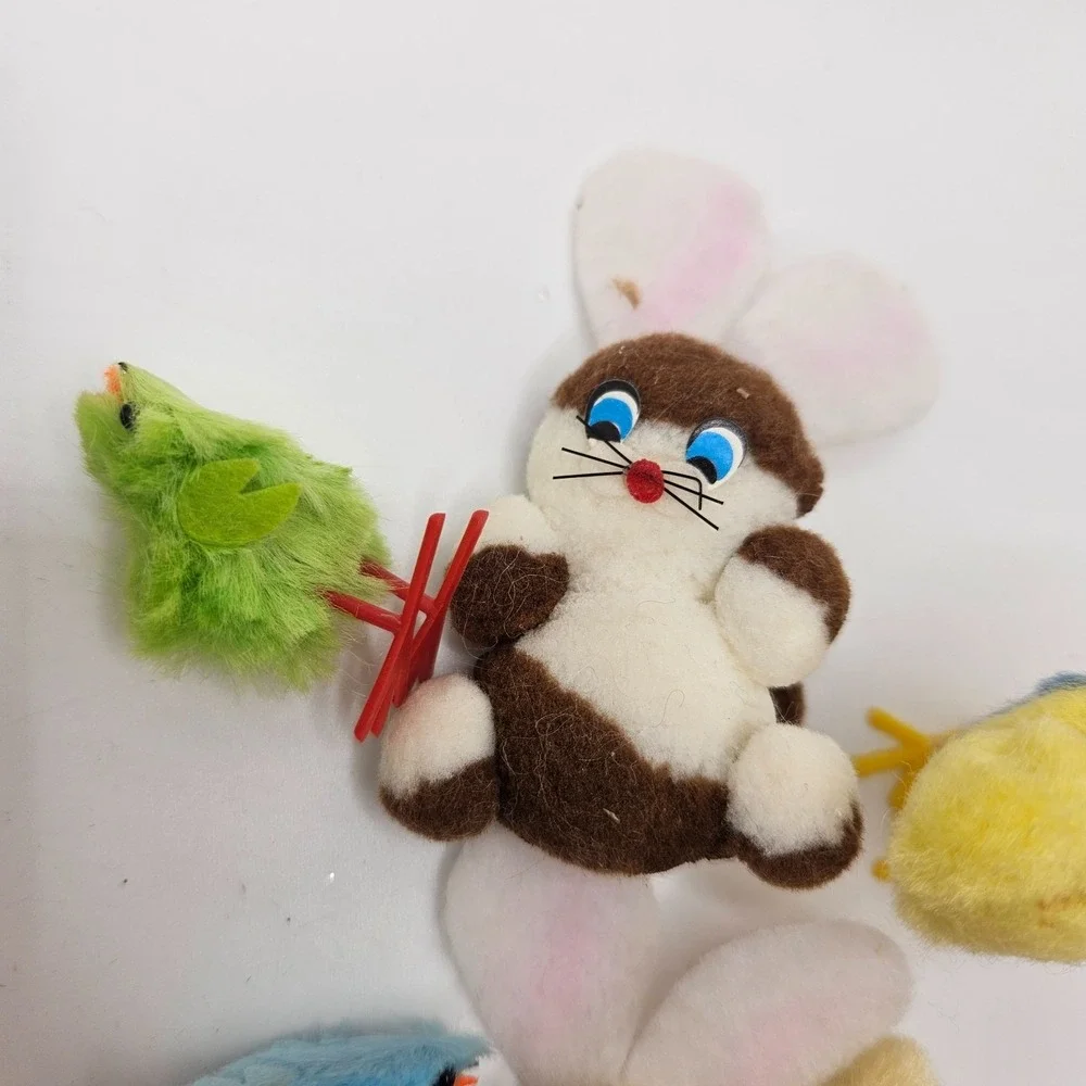 Vintage Flocked Easter Bunny & Chick Lot Feather Chicks Japan Style Spring Decor